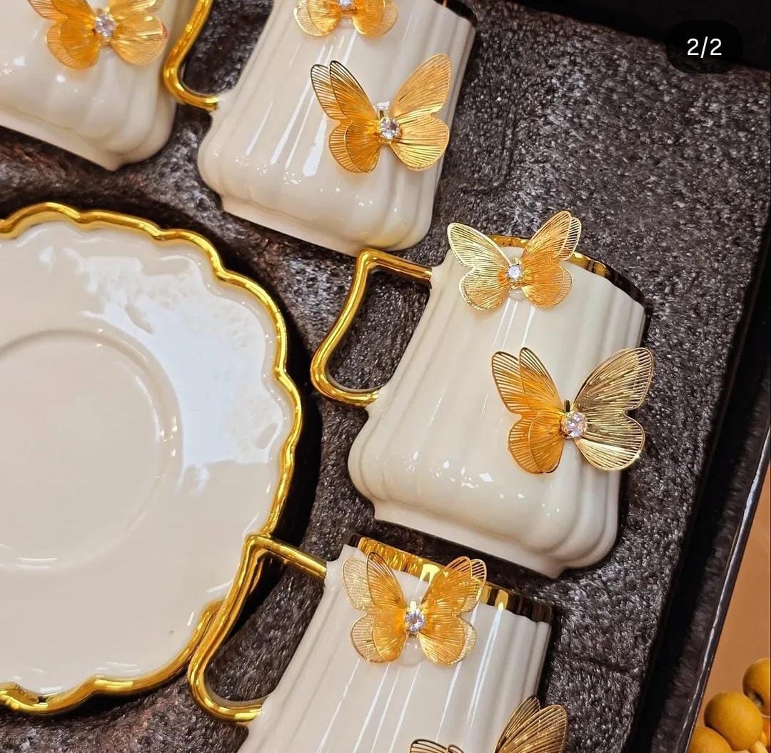 Coffee cups white & butterfly gold