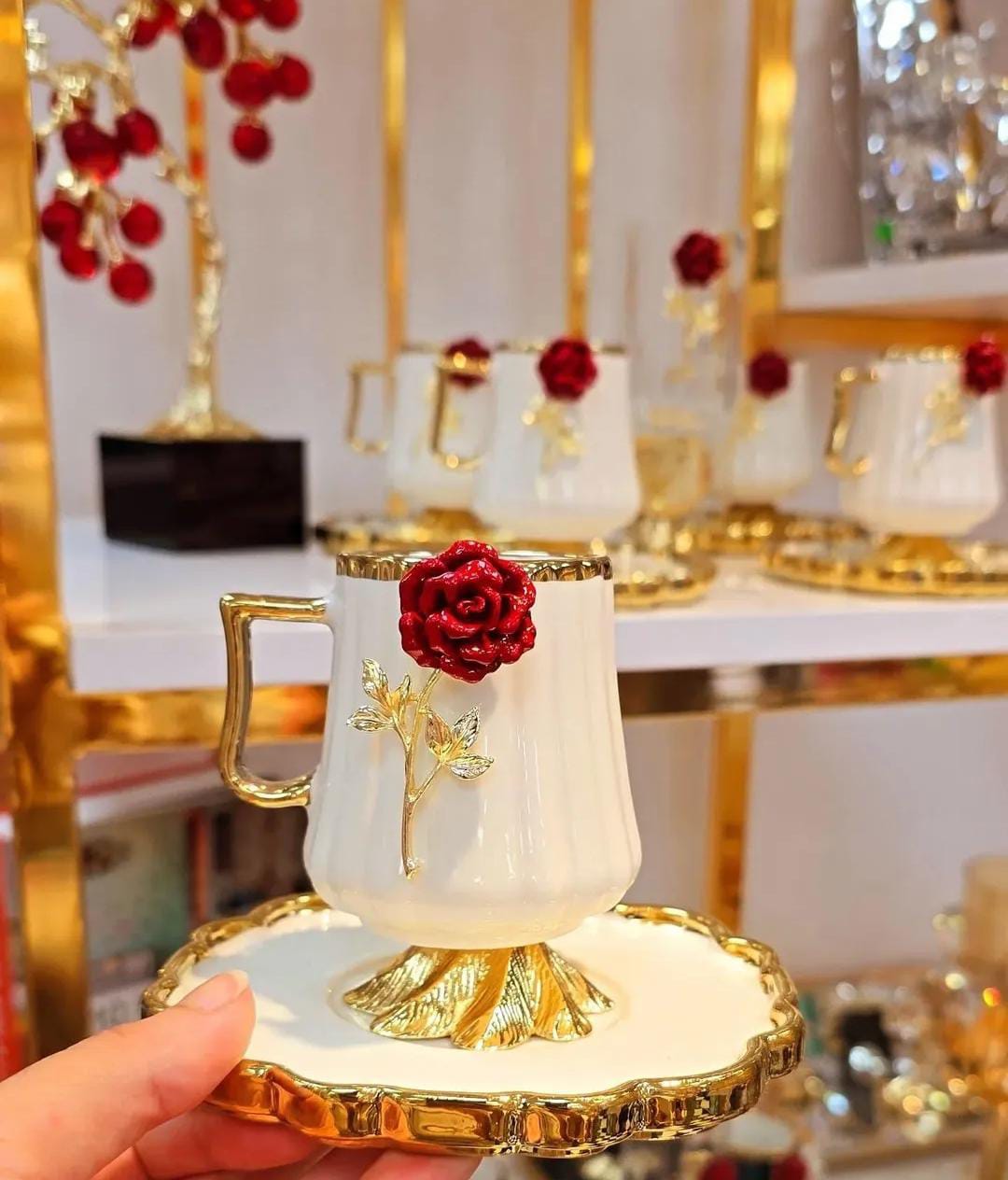 Coffee cups white & flower red