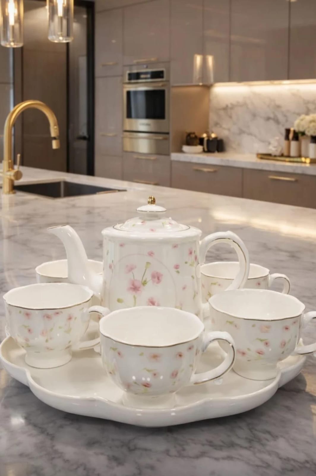 Tea Set white & flowers pink