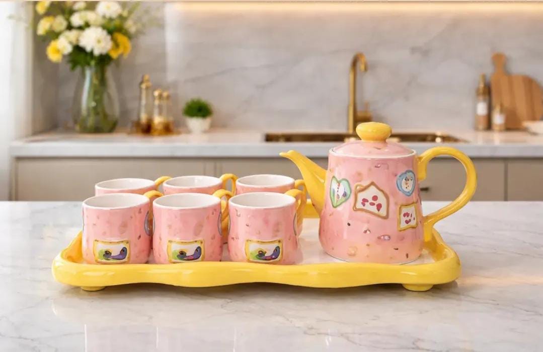 Tea set yellow & pink