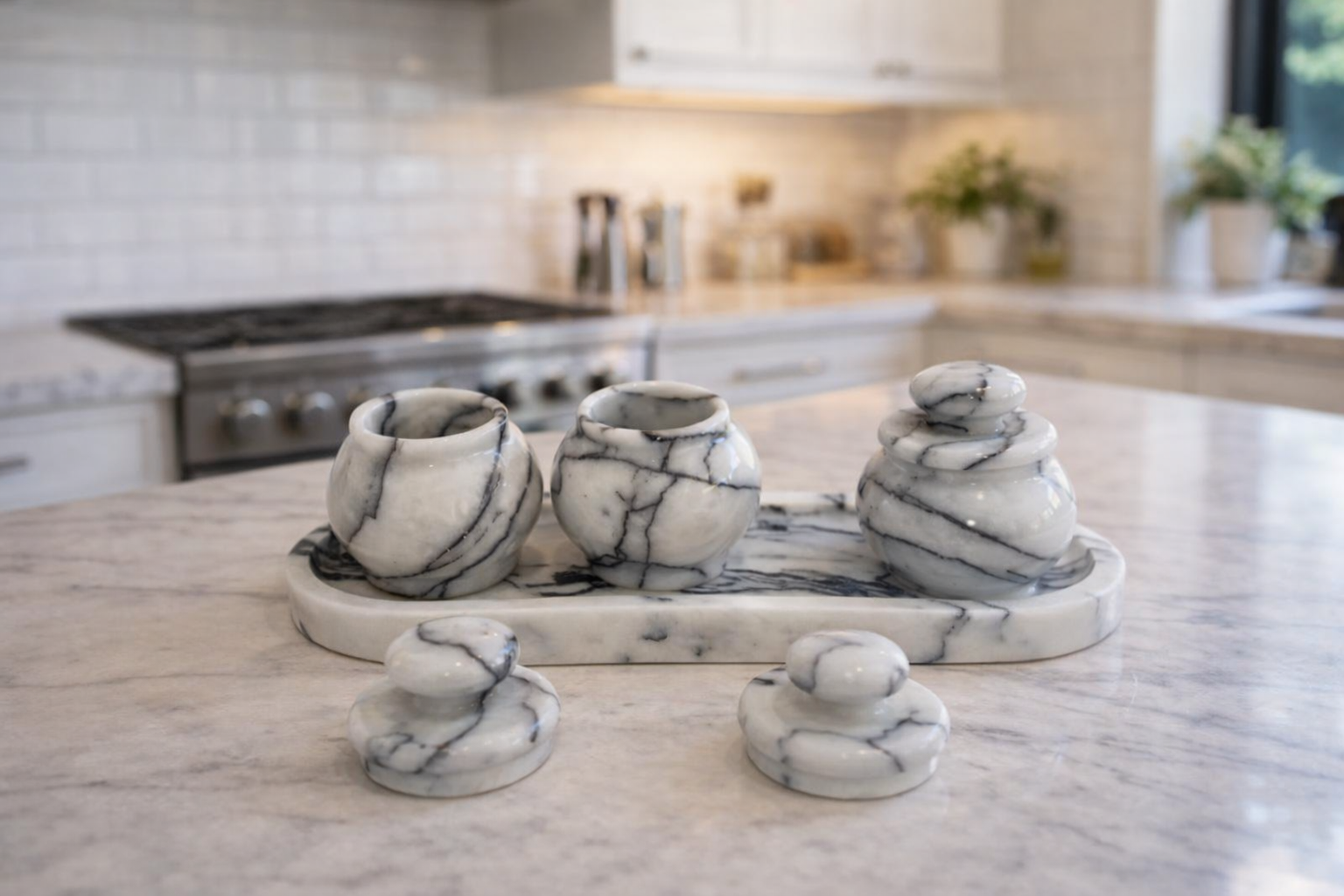 Round marble spice jars