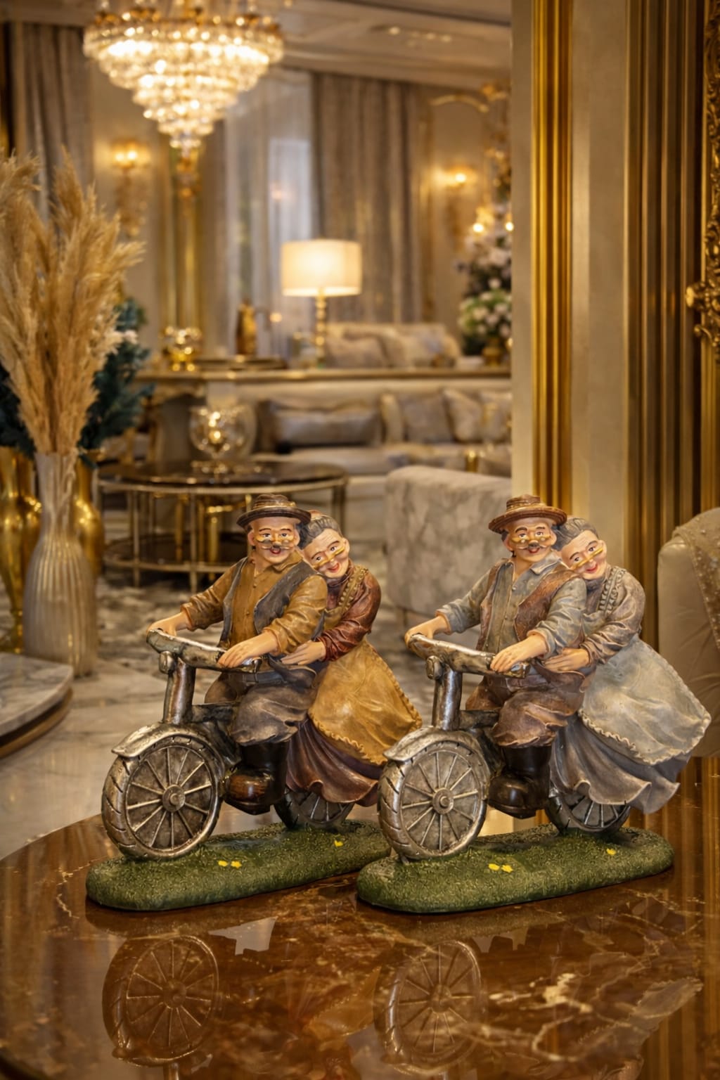 Elderly Couple Riding Bicycle Decorative Statues