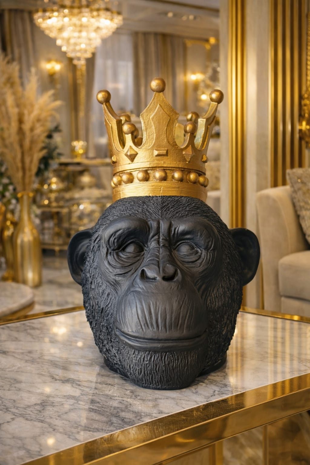 A black gorilla face sculpture