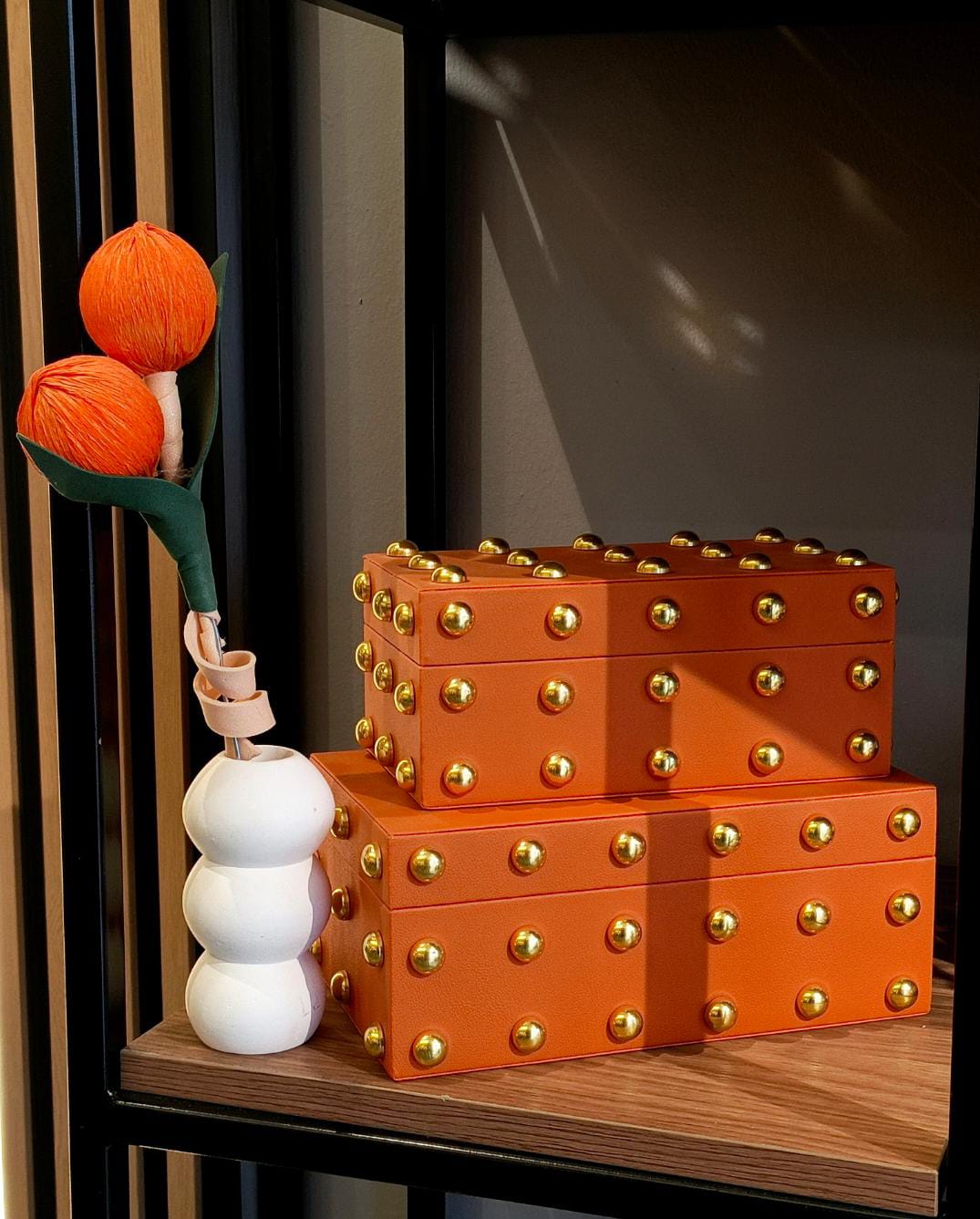 Orange box with golden dots