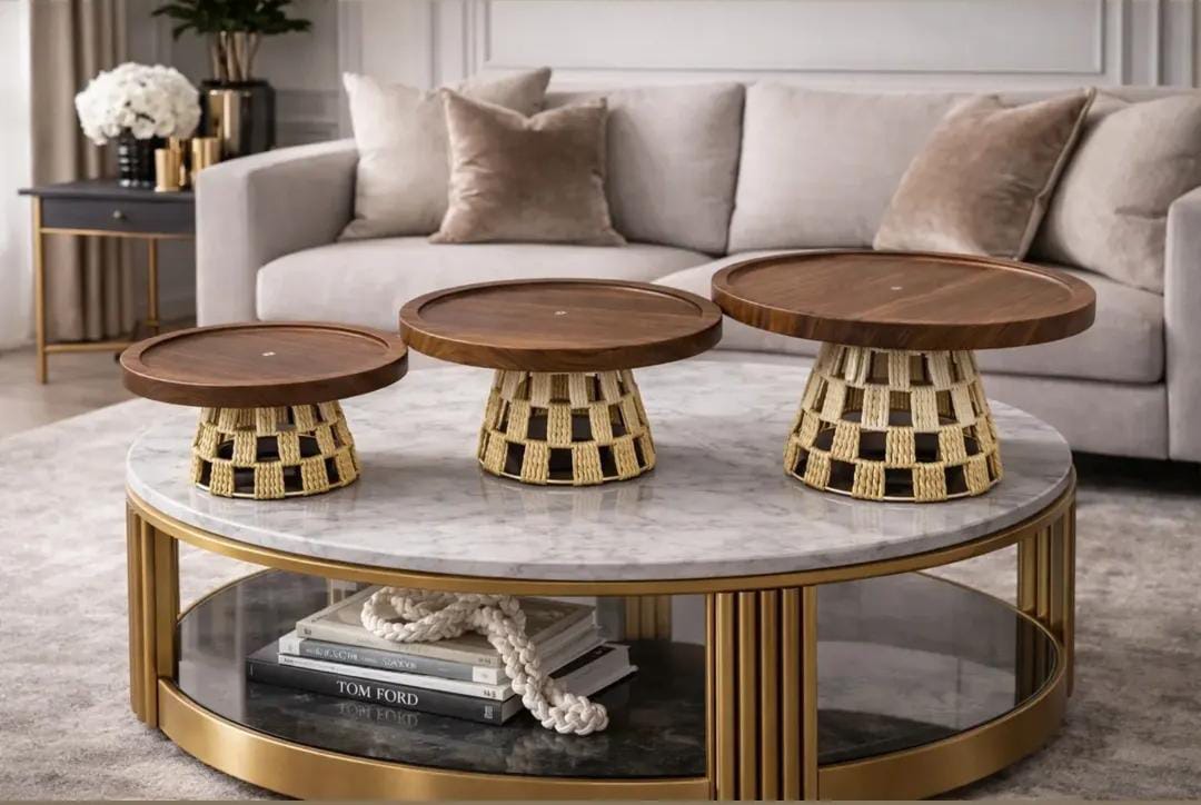 Set of 3 wood woven pedestal bowls