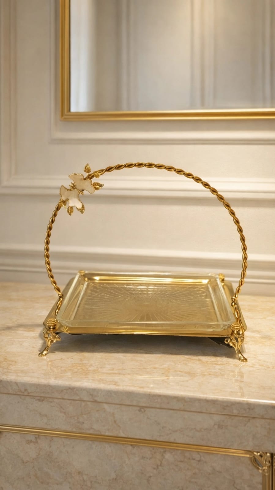 Glass tray with a luxurious gold arc and butterfly design