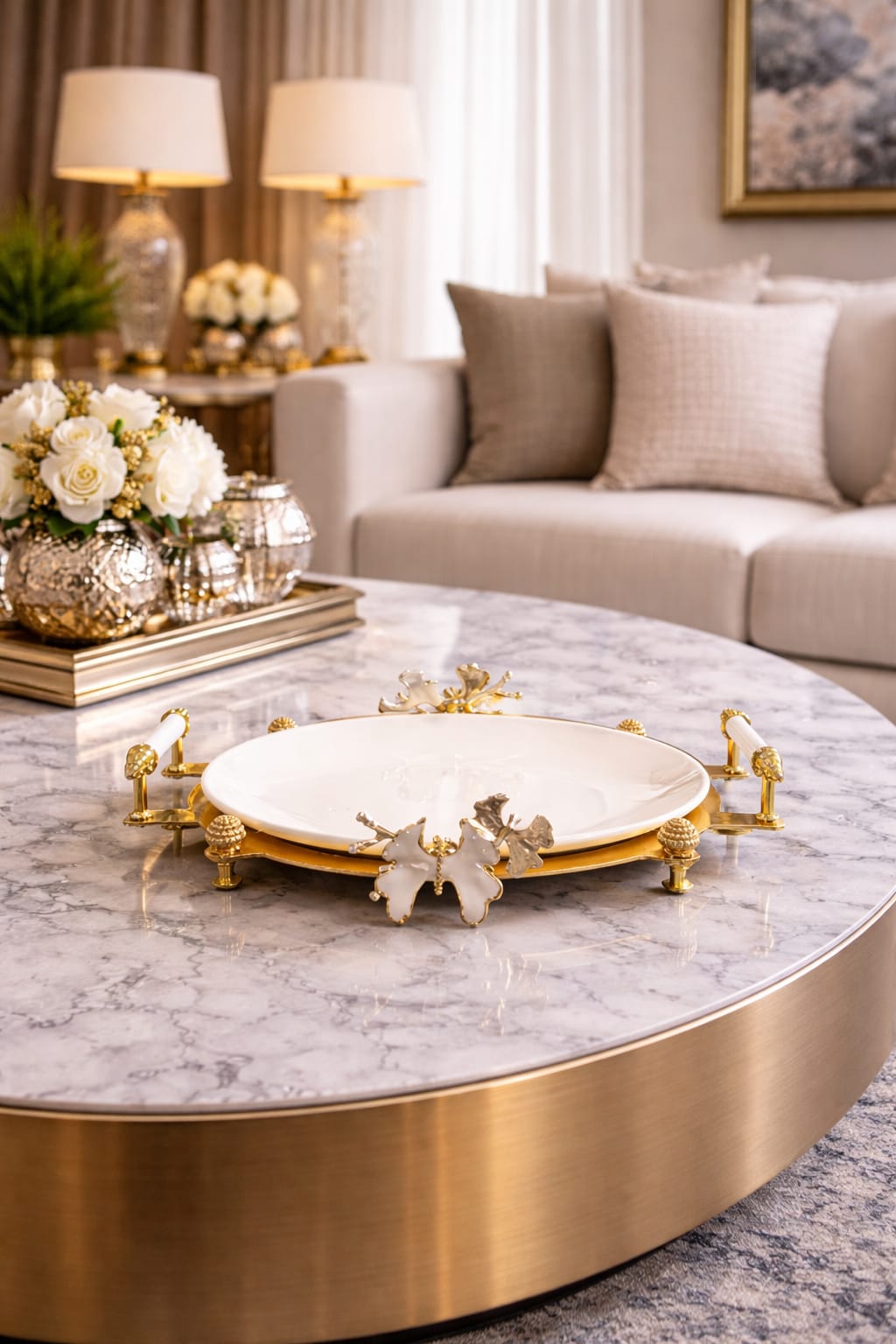 White plate with gold stand circle