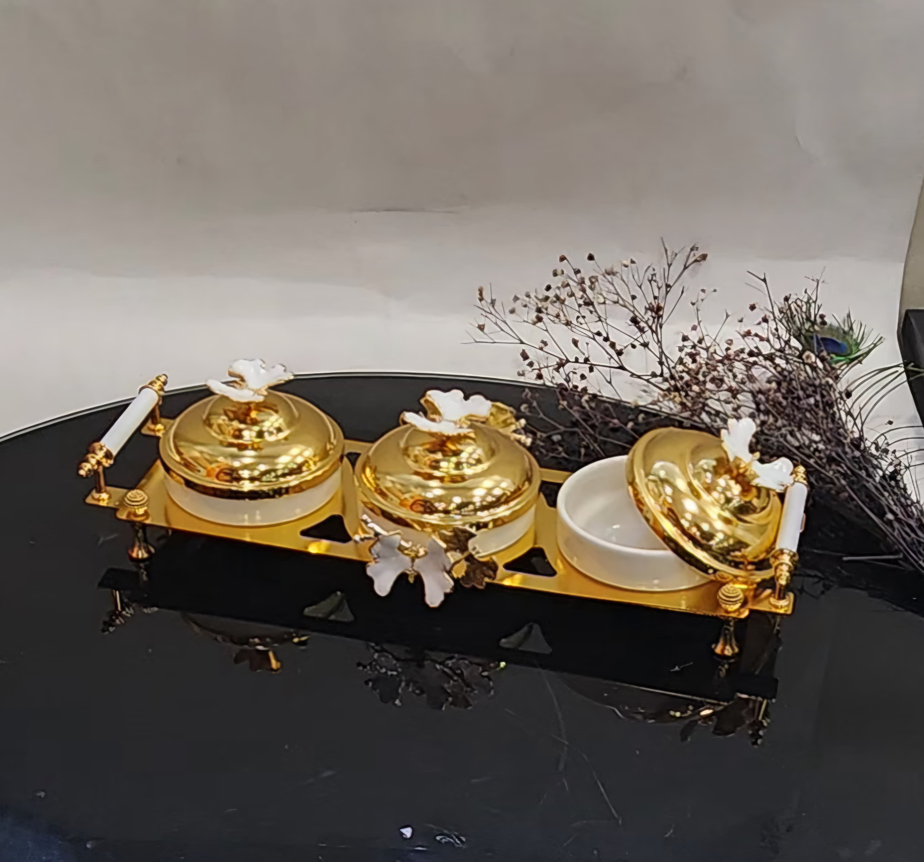 3 Bowls white and gold  with golden trays