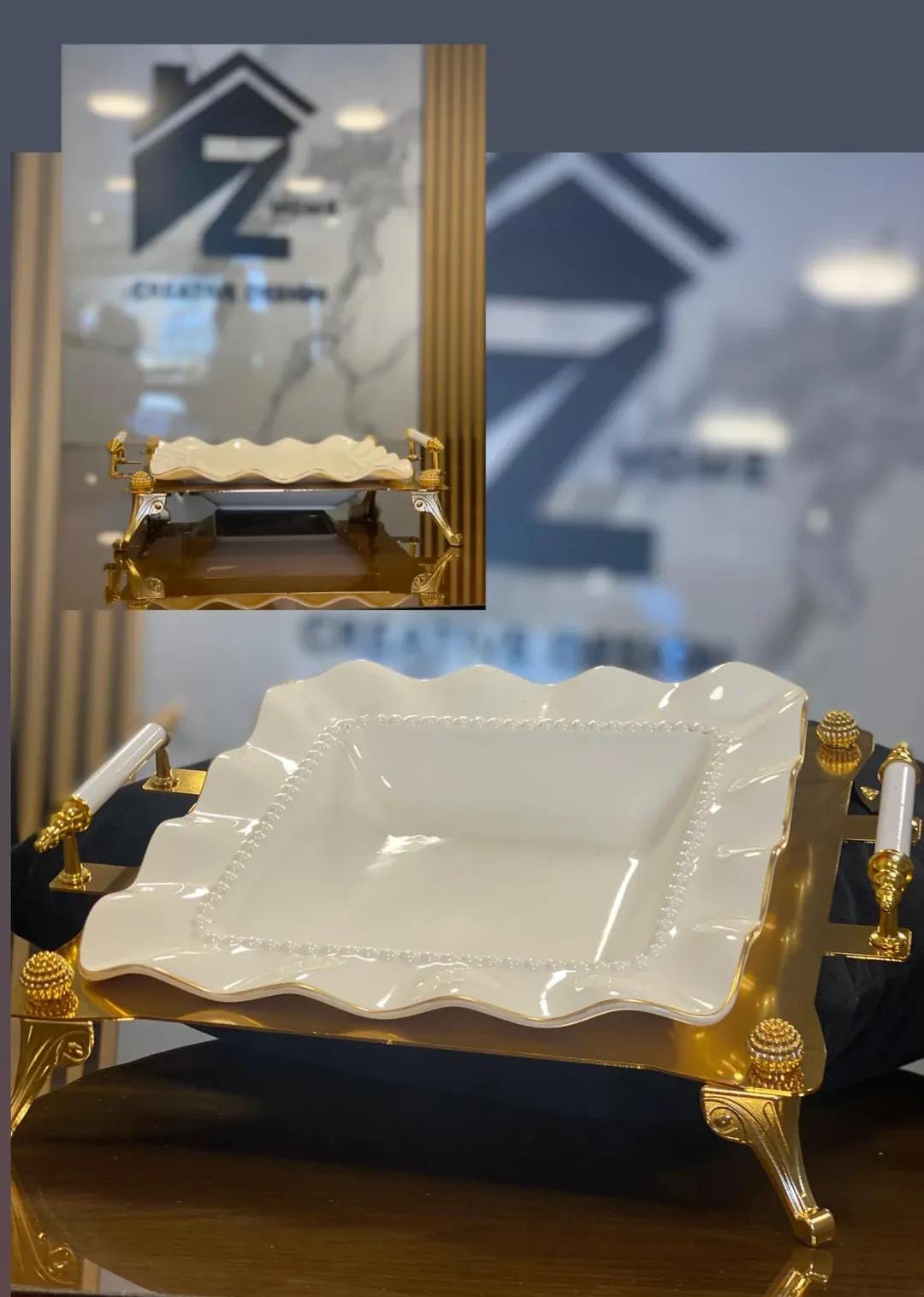 Ceramic Serving Dish with Gold Stand