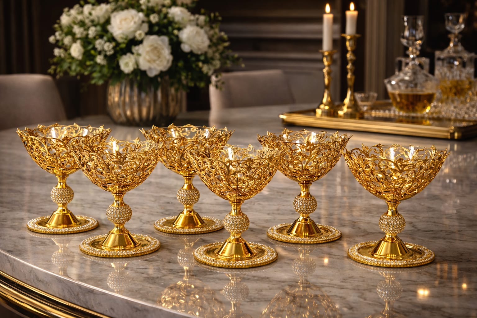 Set of 6 nuts cups gold with gold base