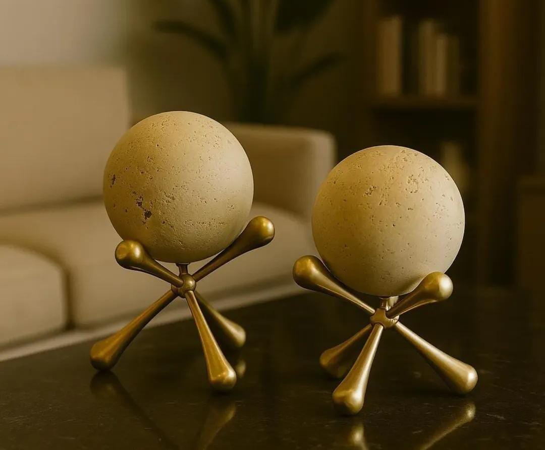 Set of 2 balls travertine  on base bronze