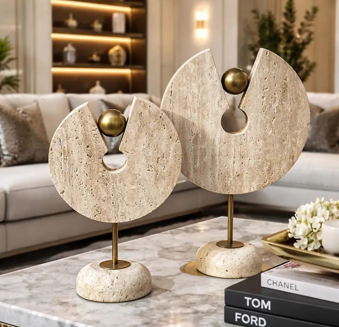 Set of 2 circular travertine decor