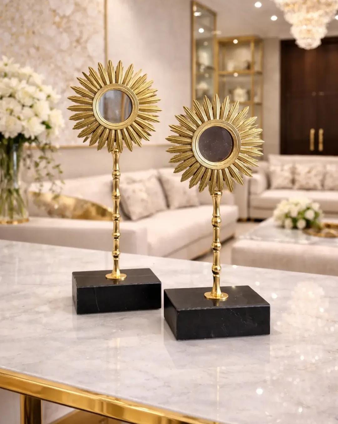 Set of 2 Gold Sun Décor with Mirror Center and Black Marble Base