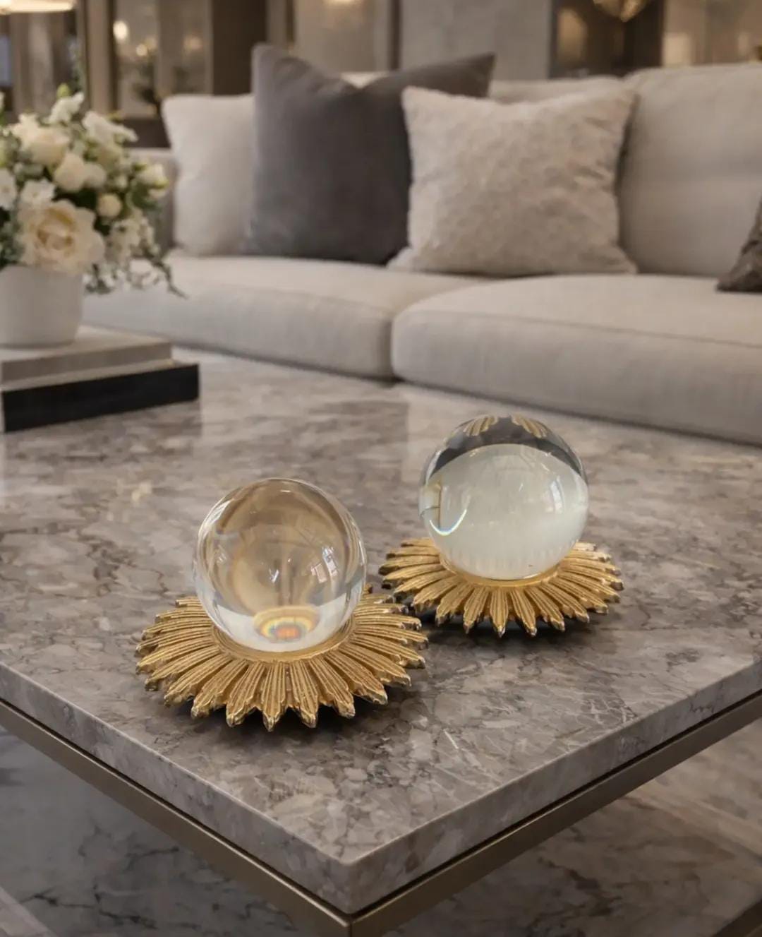Set of 2 Crystal Balls with Gold Sun Base