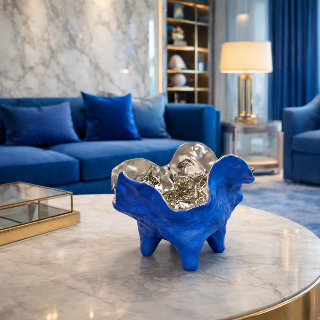 A square blue bowl with a silver center