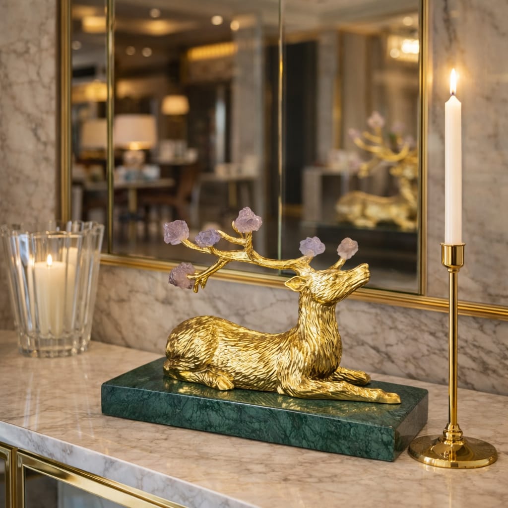 Gold deer on a green base marble