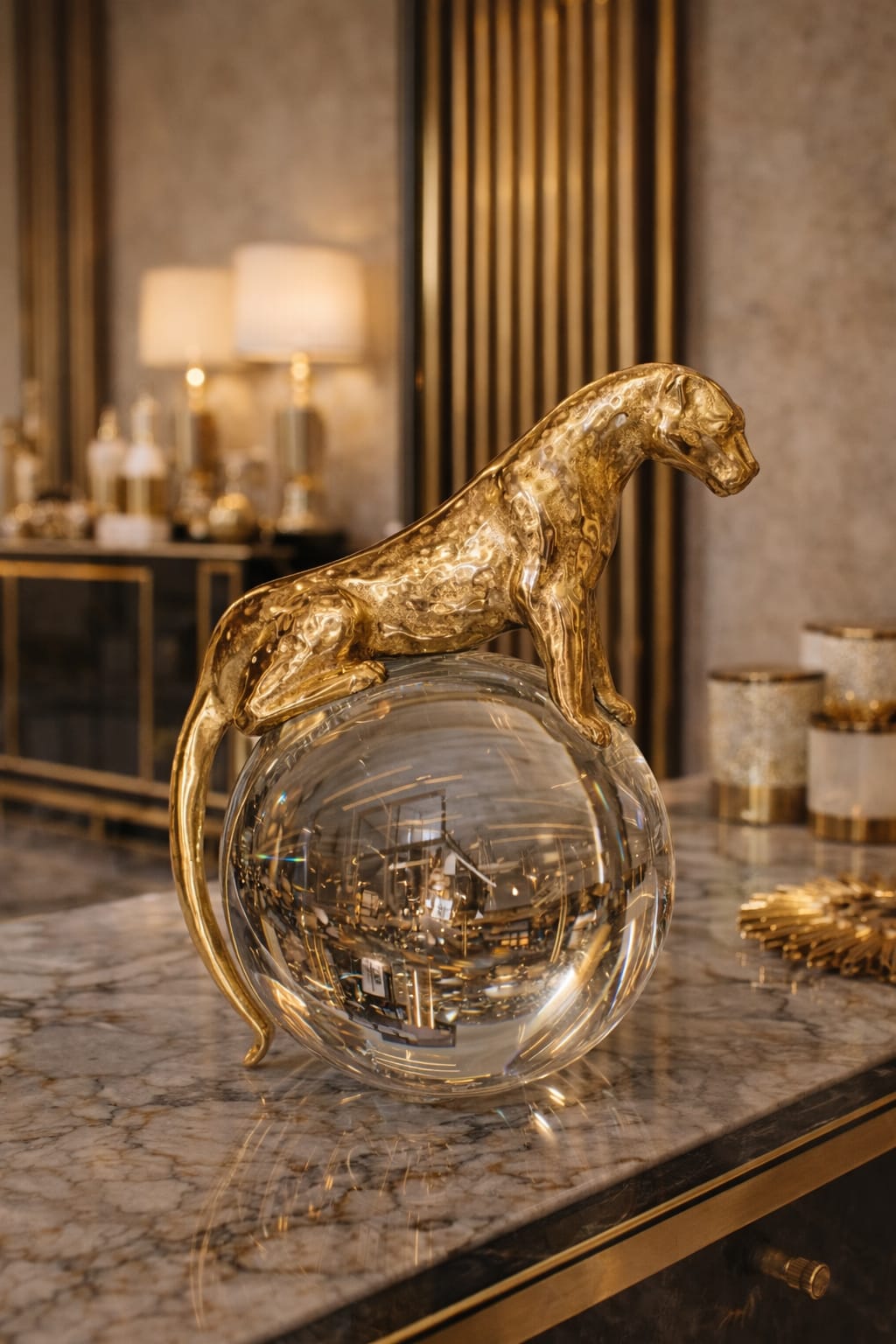 Tiger gold standing on ball crystal