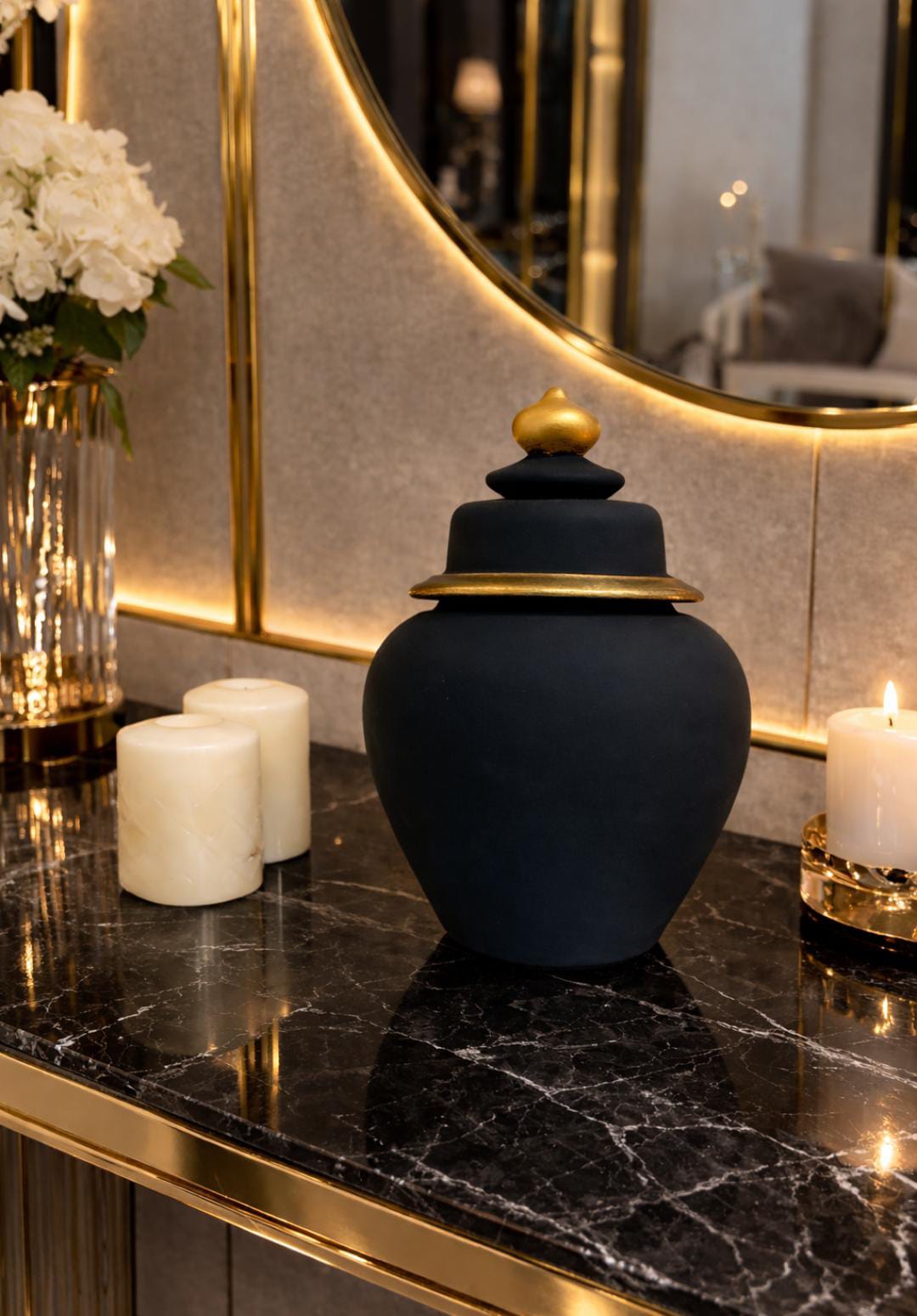 Decorative ceramic ginger jar with a removable lid and gold accents - hover