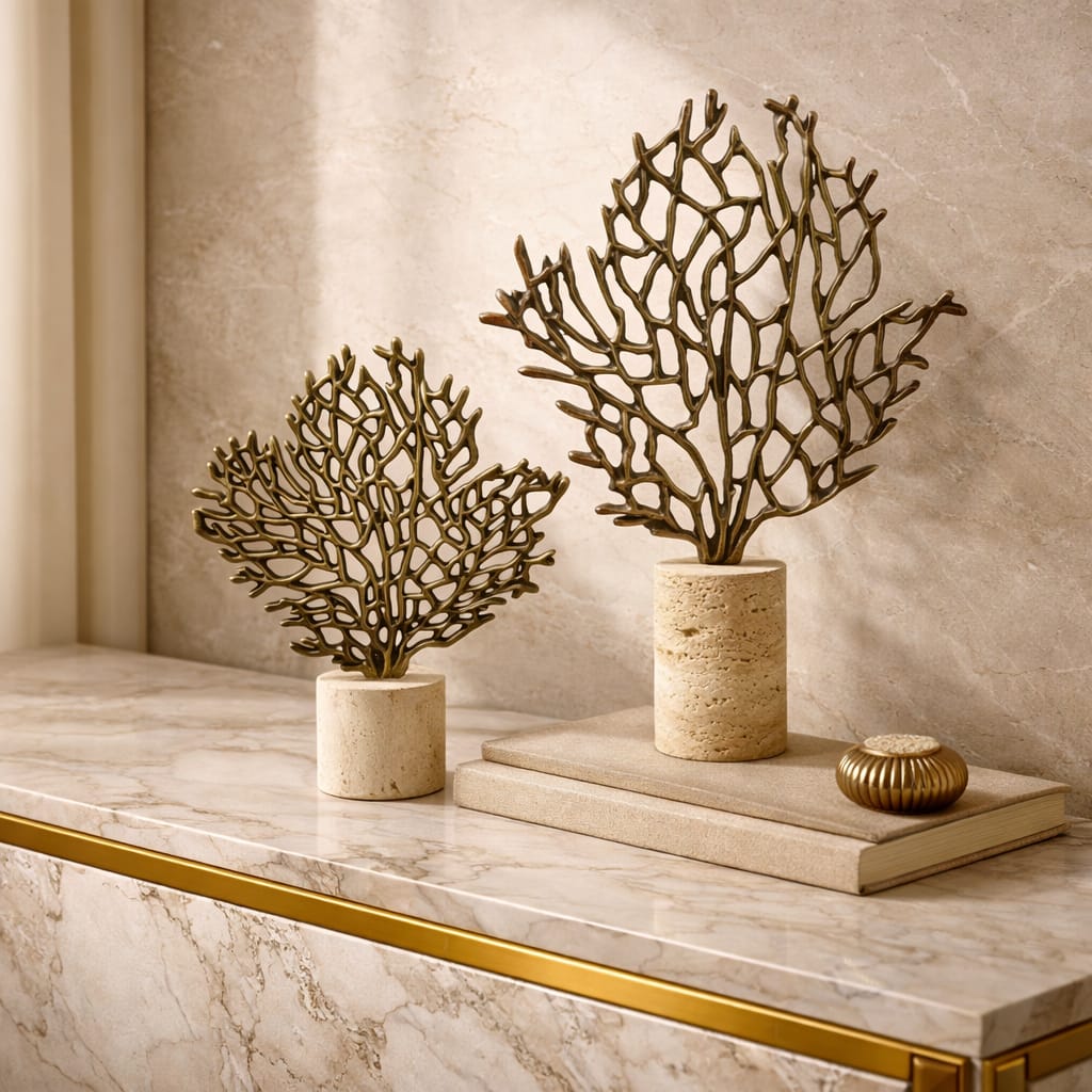 Set of 2 Decorative metal coral-inspired sculpture mounted on stone