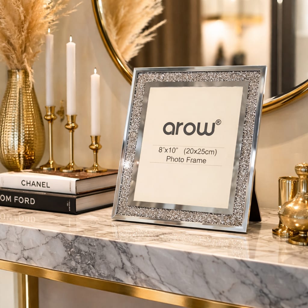 Decorative photo frame featuring a mirrored, crystal-embellished design - hover