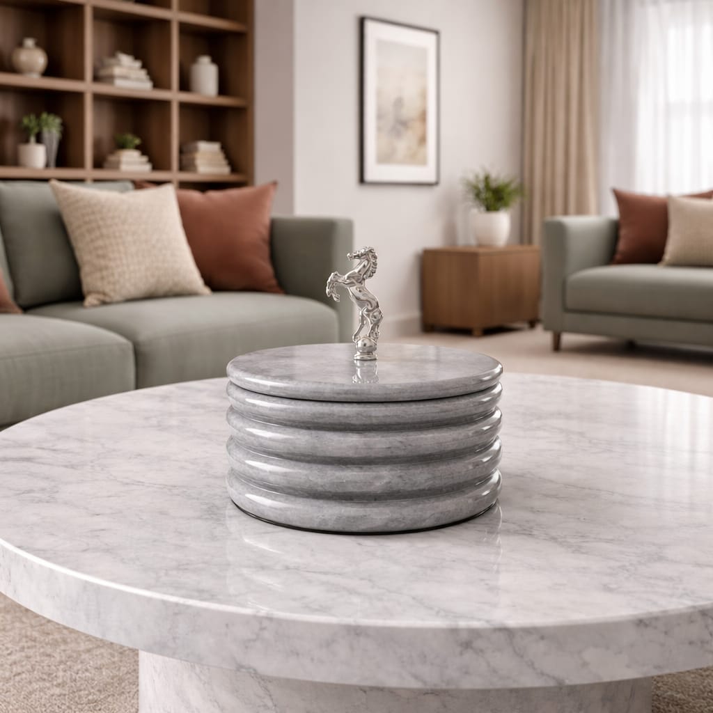 Decorative marble box featuring a sculpted horse figurine on its lid - hover