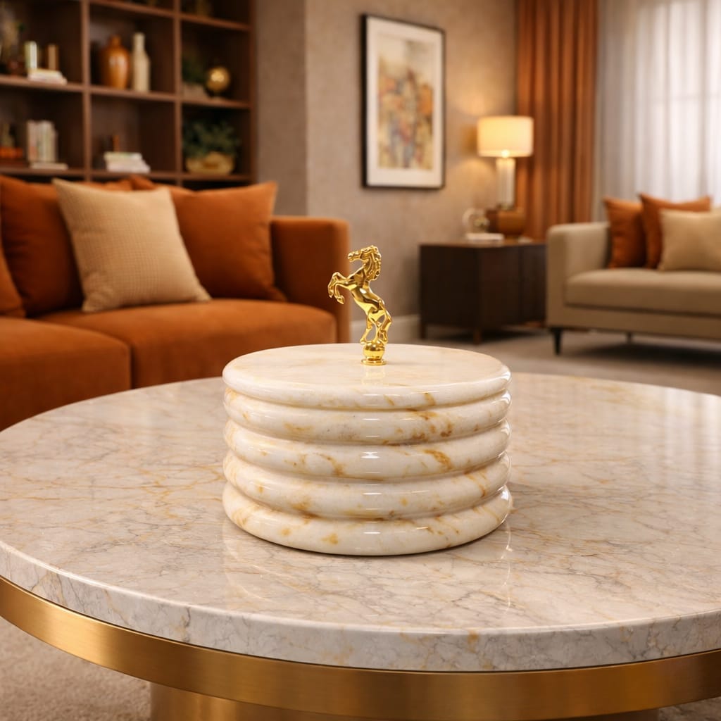 Decorative marble box featuring a sculpted horse figurine on its lid