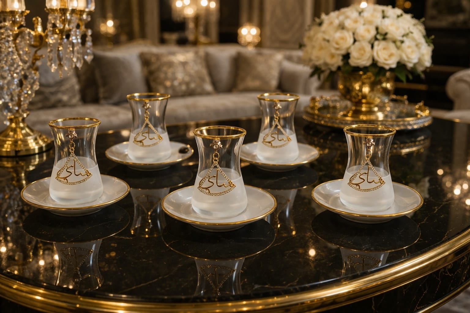 Decorative Turkish tea glass and saucer set featuring Arabic calligraphy-set of 6 - hover