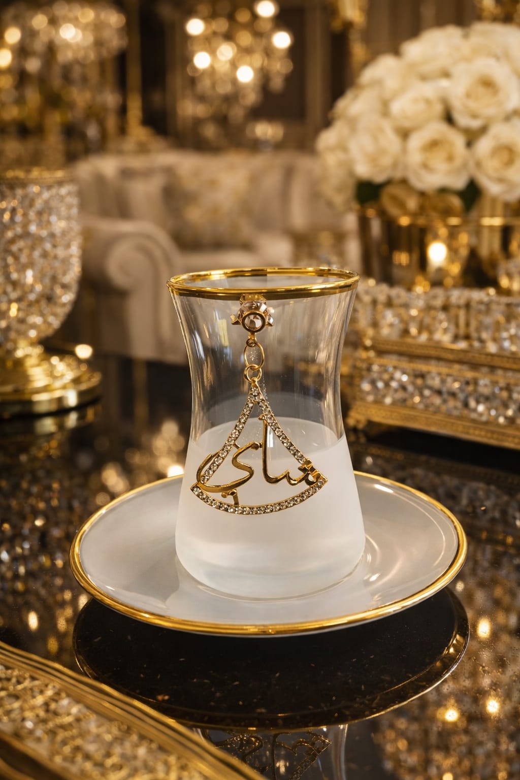 Decorative Turkish tea glass and saucer set featuring Arabic calligraphy-set of 6 - Image 4