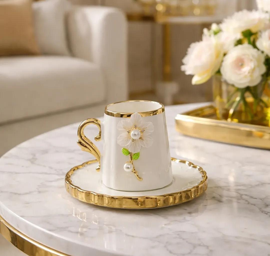 Decorative porcelain coffee cup and saucer set of 6