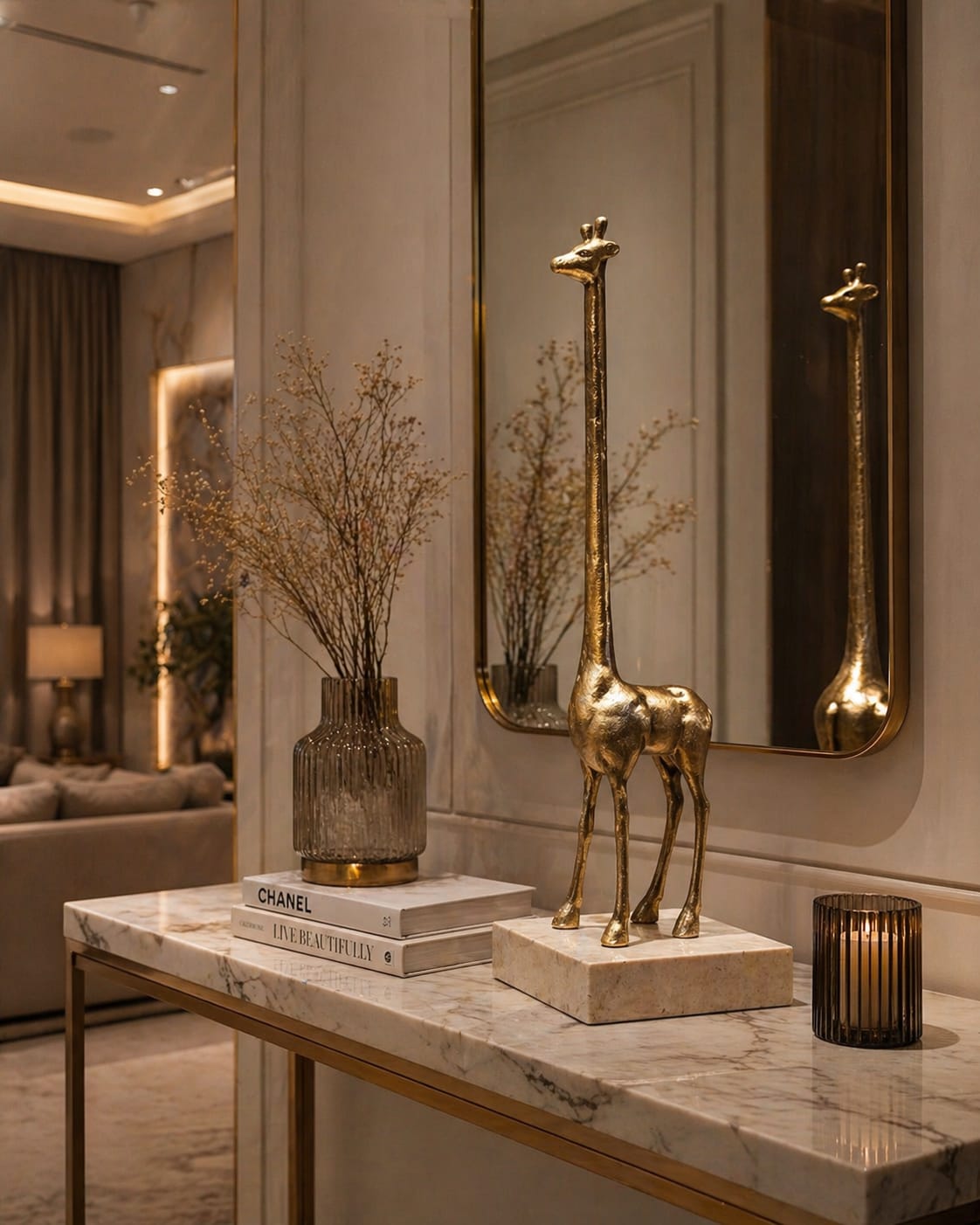 large giraffe statue on a base travertine