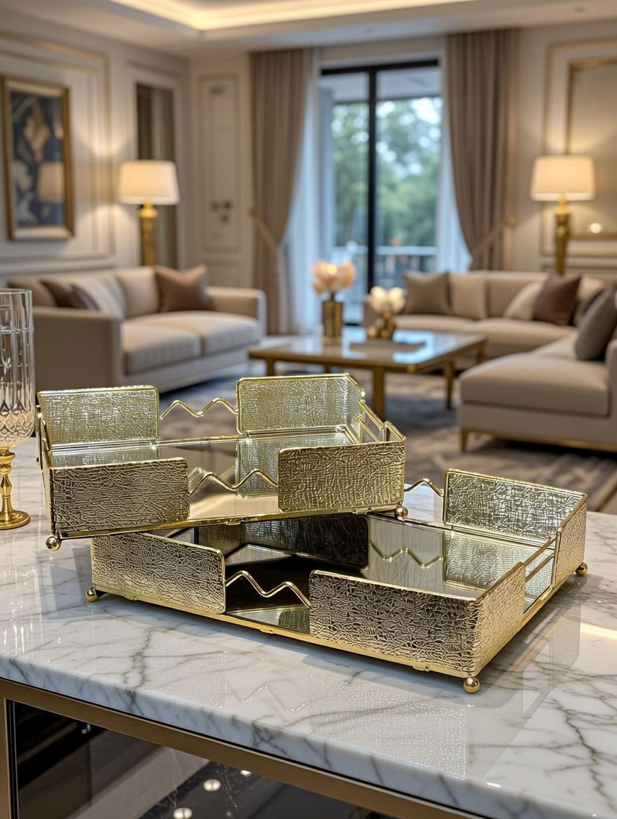 Decorative leaf shaped trays with a mirror base