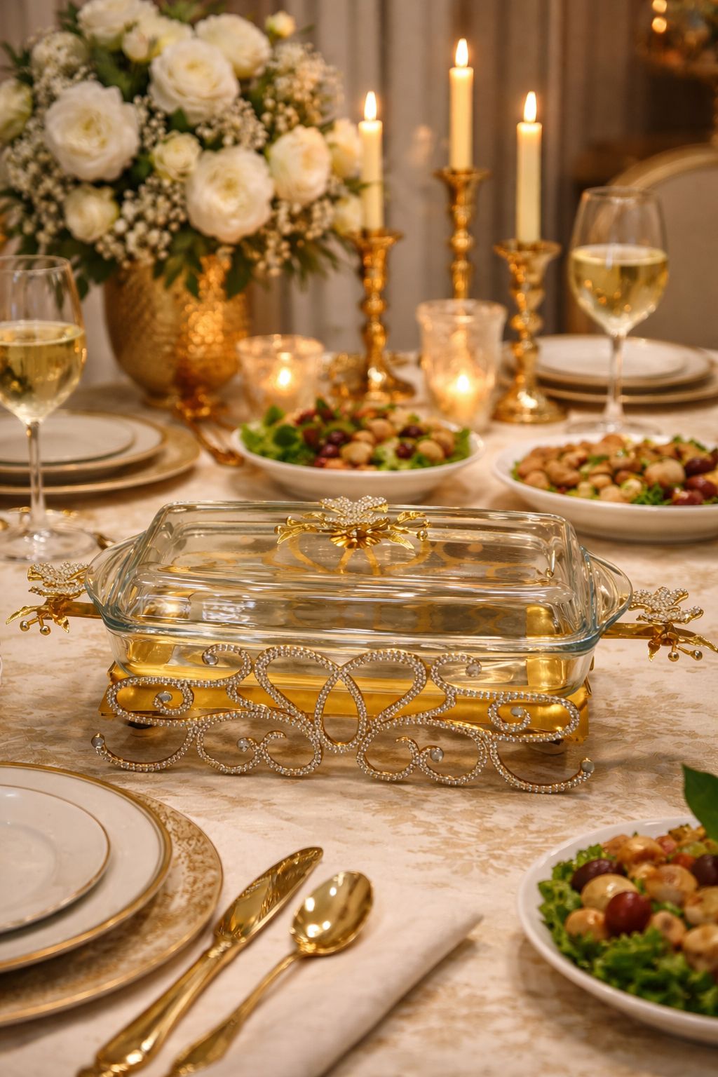 Glass casserole dish with a gold plated rack and decorative crystal detailing