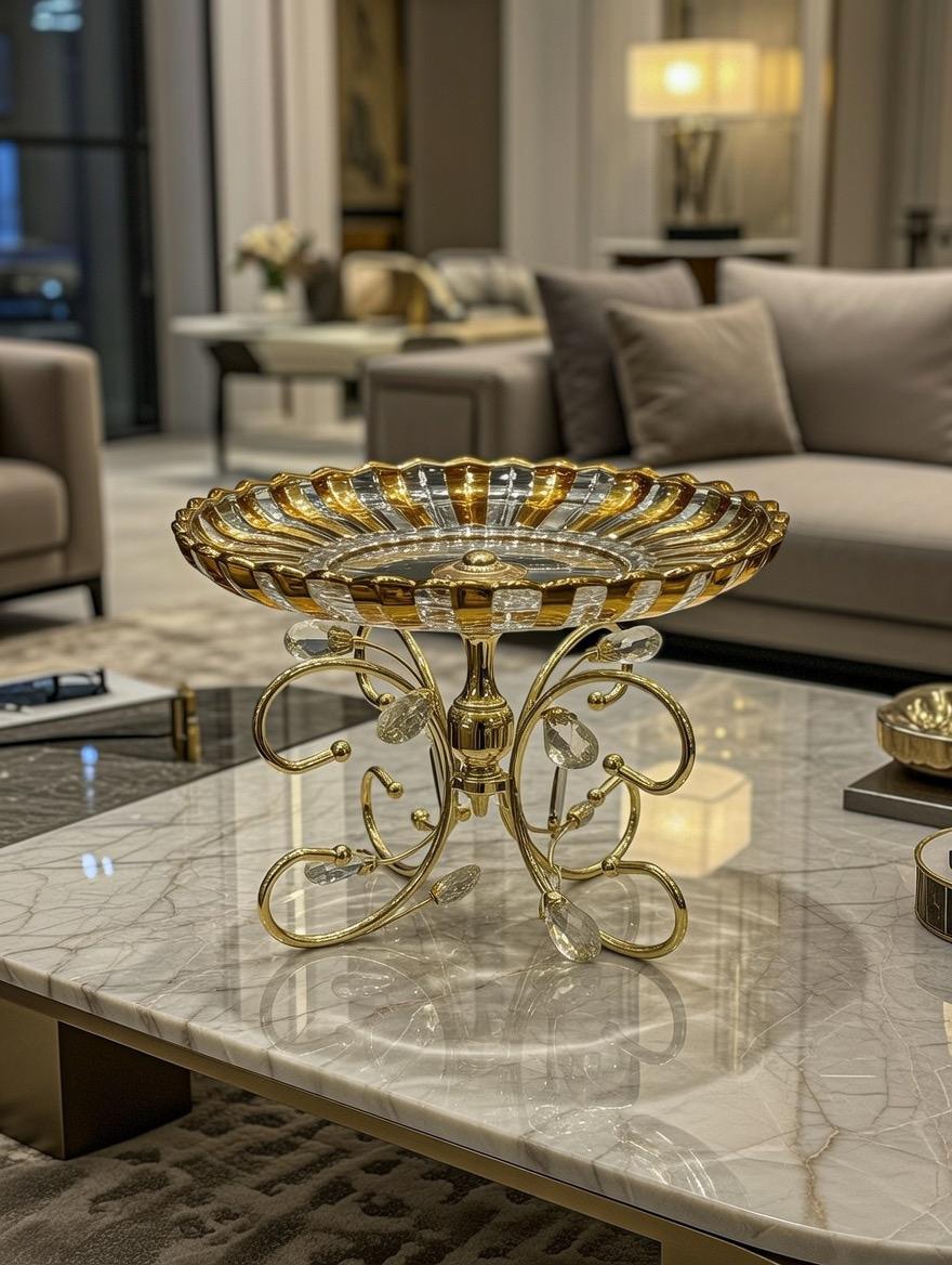 Crystal clear glass dish with a gold accented base