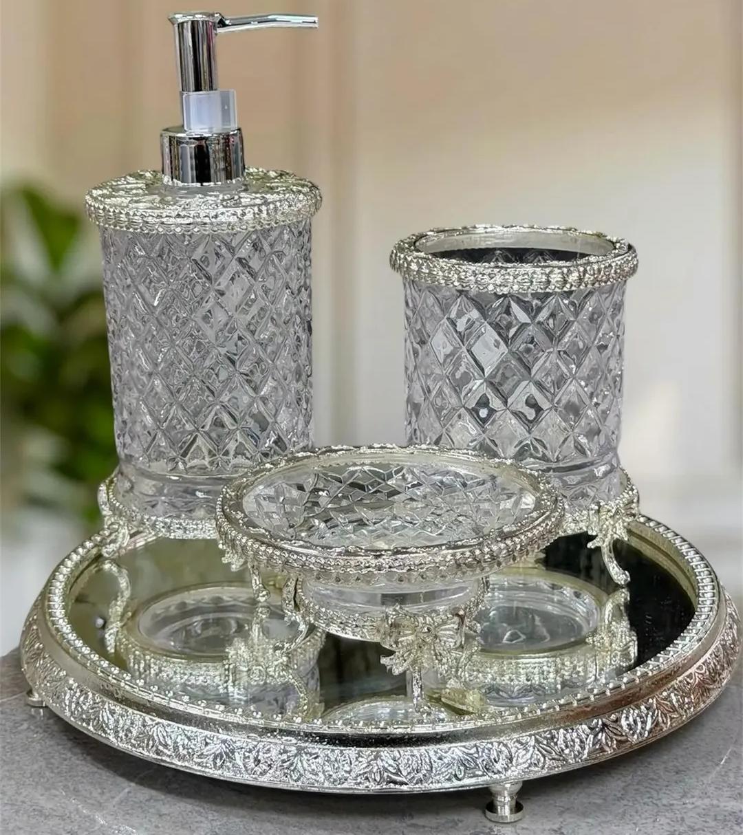 Silver crystal textured 4 psc bathroom accessory set
