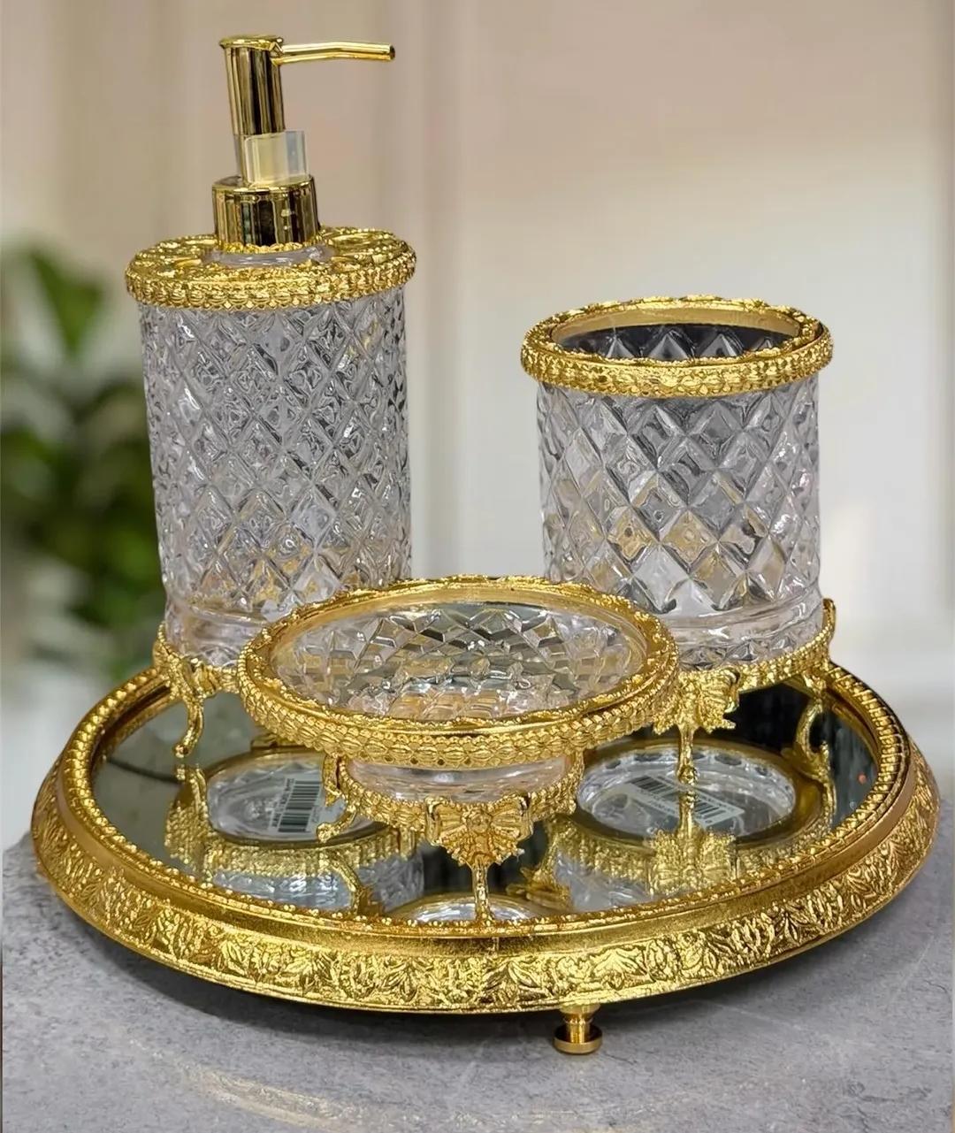 Gold crystal textured 4 psc bathroom accessory set