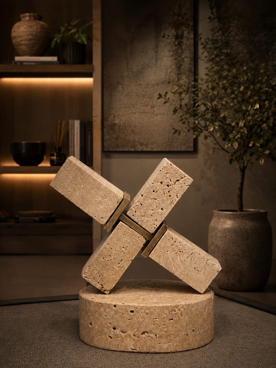 Travertine X-shaped sculpture with a rough, textured surface and brass interlocking details.