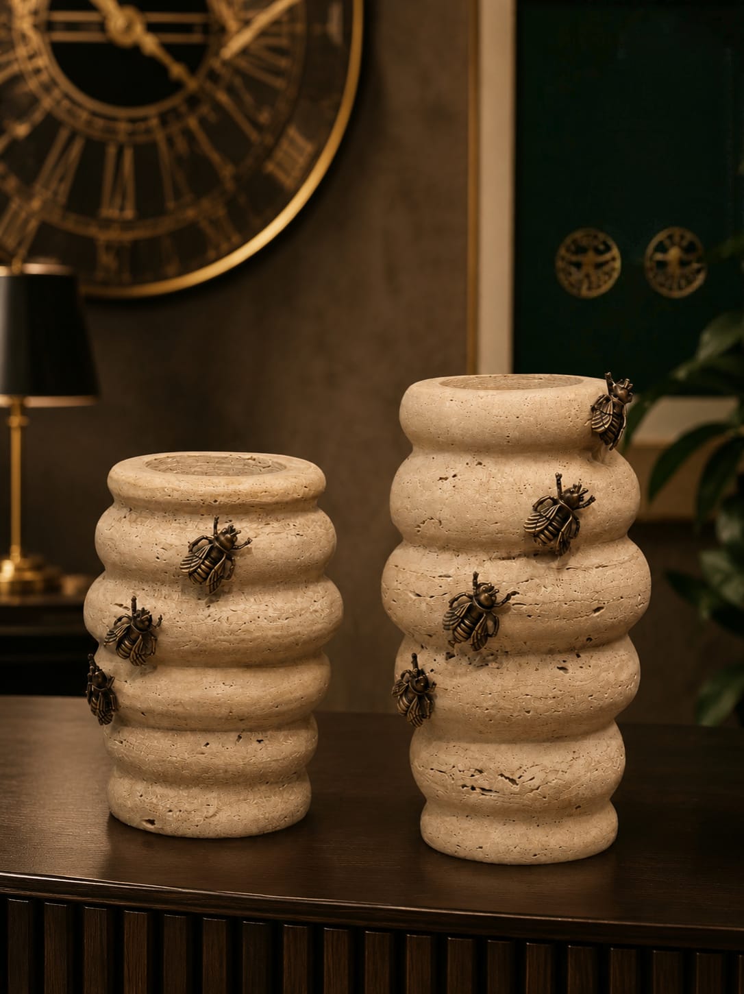 Set of 2 travertine vases beehive-shaped planters attached decorative bees