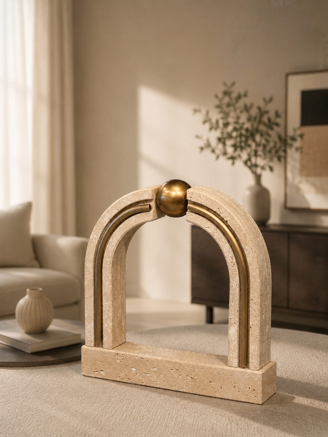 Travertine stone featuring a gold-toned brass arch and sphere
