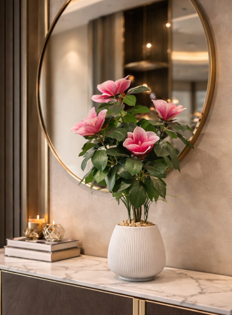 Vase white with flowers pink