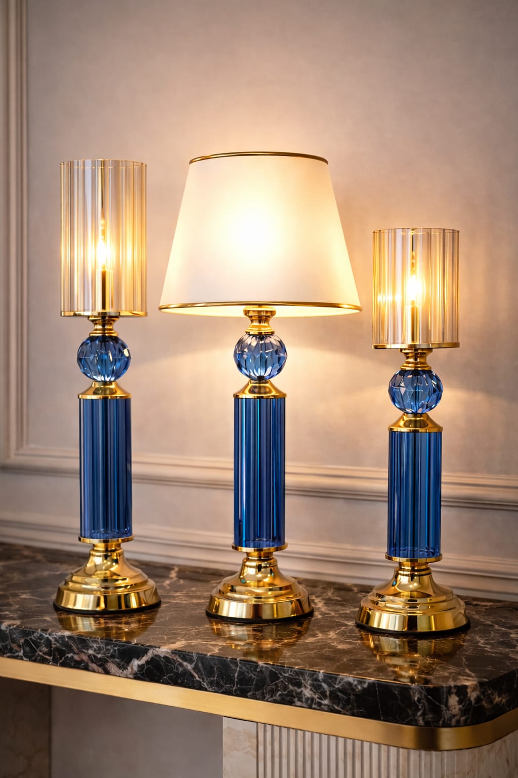 Set lampader with off white top and blue crystal stand