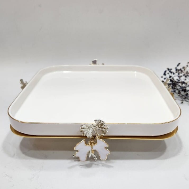 Square white Plate with golden base