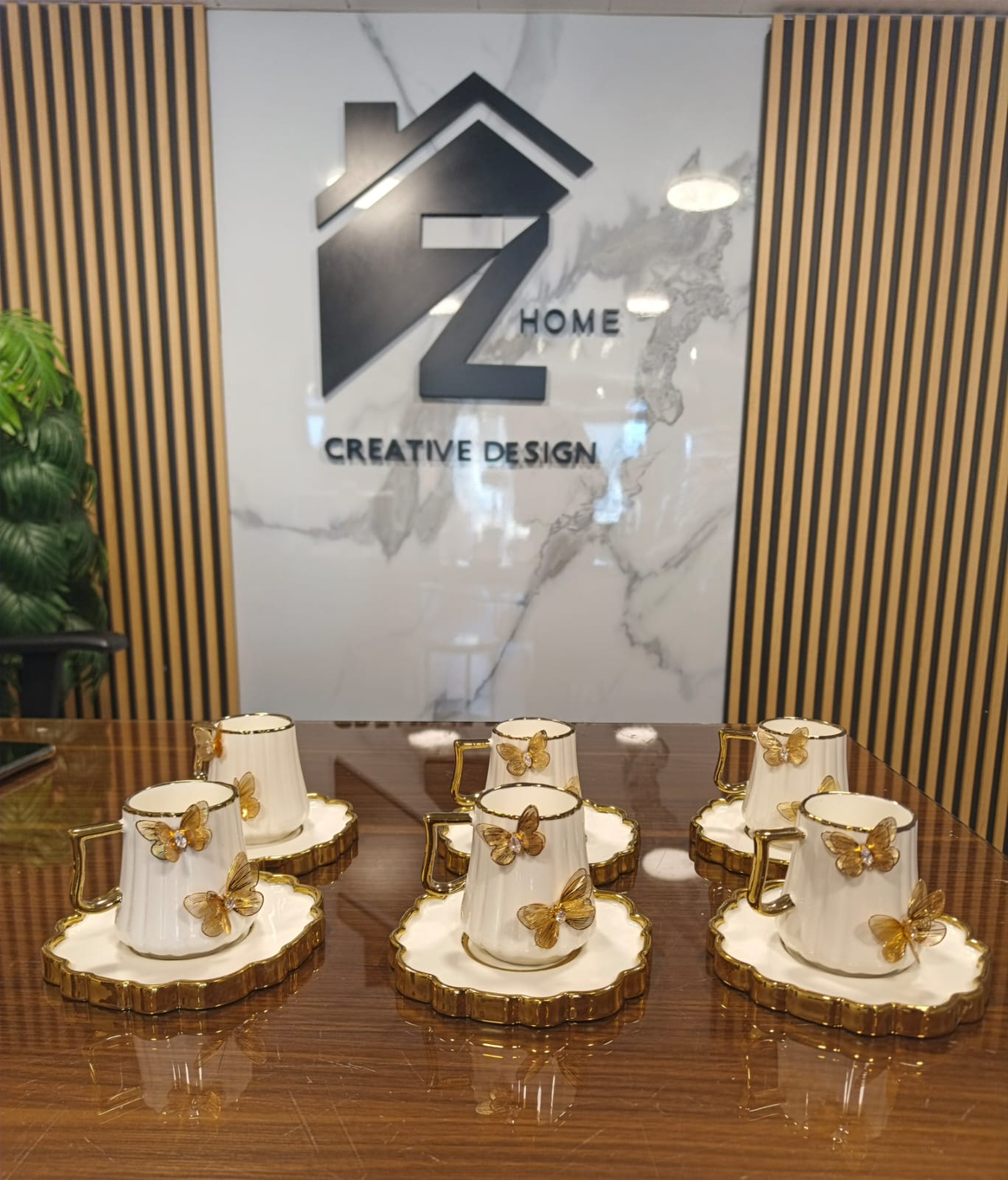 set fo 6 coffe cup white & butterfly gold