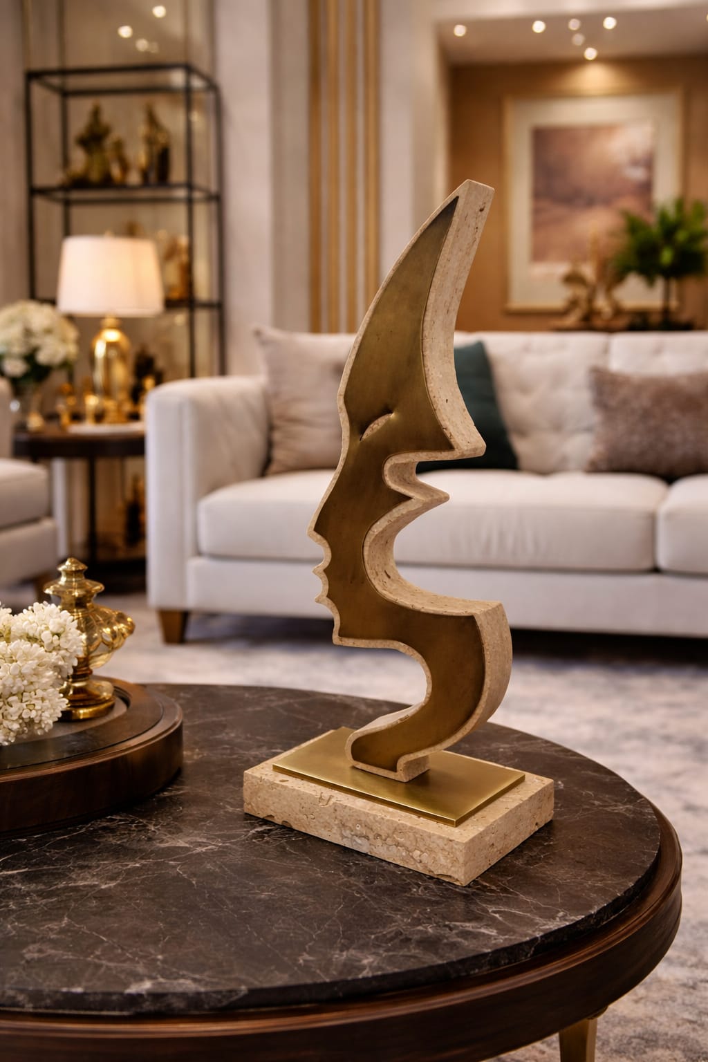 face girl bronze & travertine